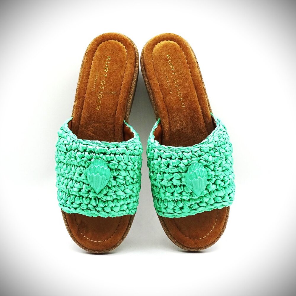 KURT GEIGER Kelly Green Eagle Crochet Rafia and Cork Slide Sandals 40.5